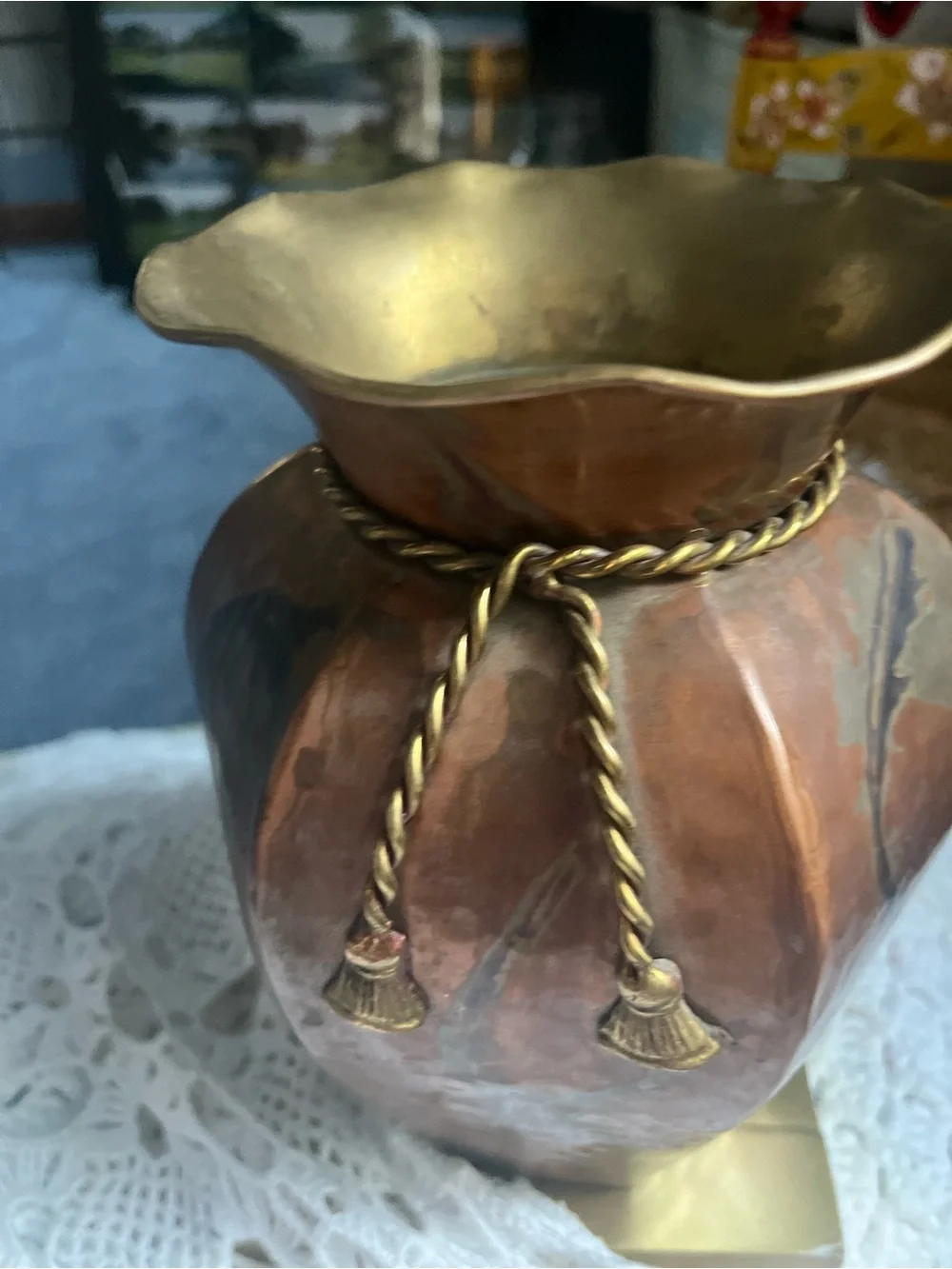 Vintage Brass Copper Decorative Vase with Brasd Rope Accent